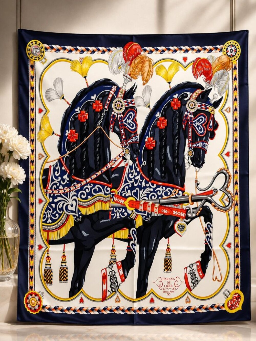Hermès Harnais de Cœur Carré 90 Silk Scarf Navy Multicolor Authentic France